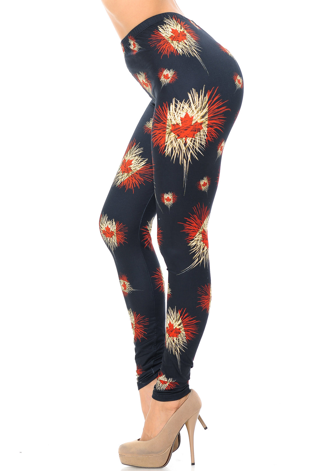 Creamy Soft Canadian Flag Fireworks Plus Size Leggings - USA Fashion