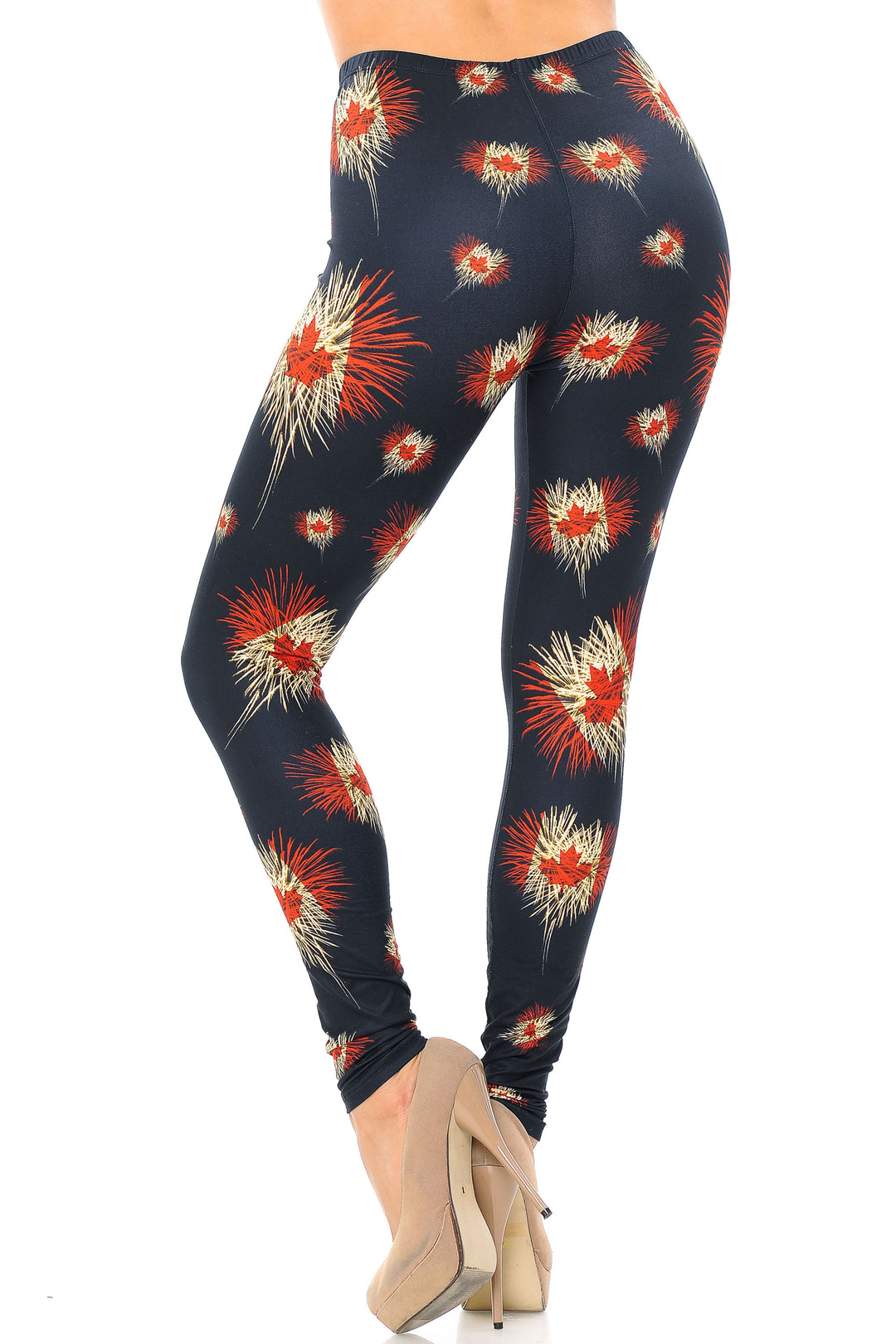 Creamy Soft Canadian Flag Fireworks Plus Size Leggings - USA Fashion