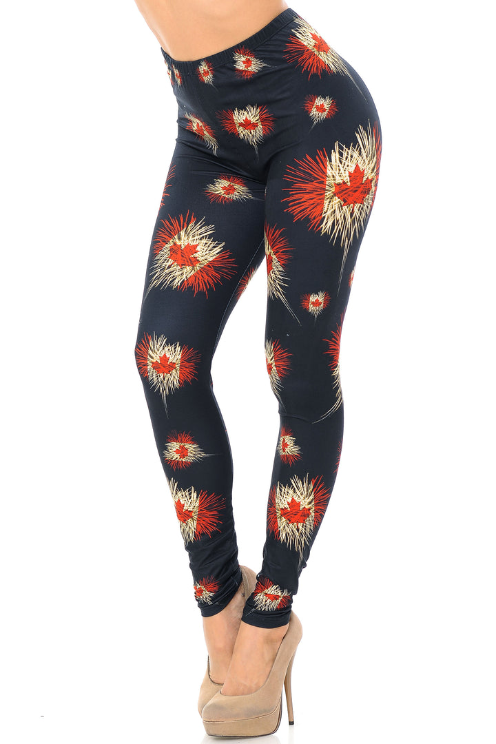 Creamy Soft Canadian Flag Fireworks Plus Size Leggings - USA Fashion
