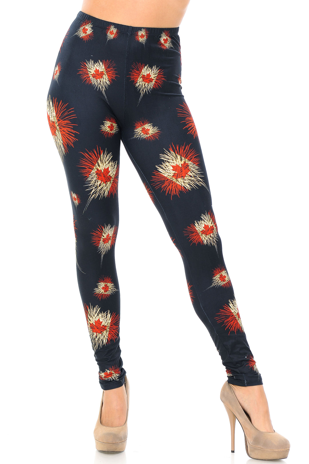Creamy Soft Canadian Flag Fireworks Plus Size Leggings - USA Fashion