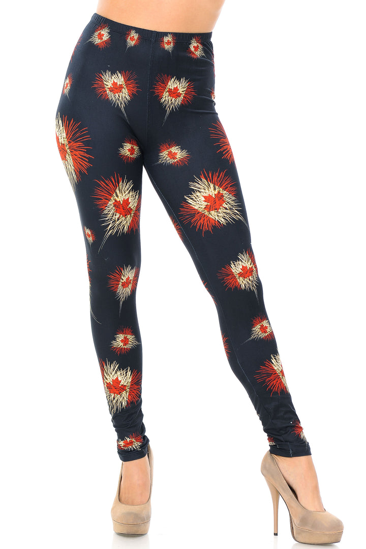 Creamy Soft Canadian Flag Fireworks Plus Size Leggings - USA Fashion