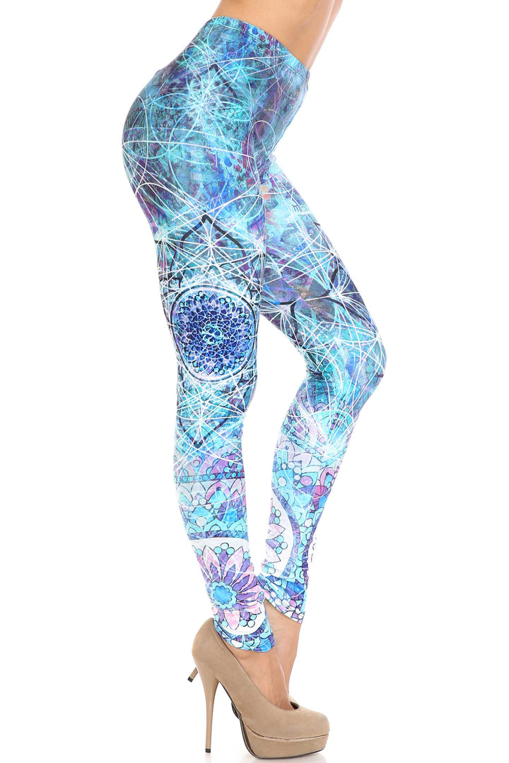 Creamy Soft Cyan Mandala Plus Size Leggings - USA Fashion