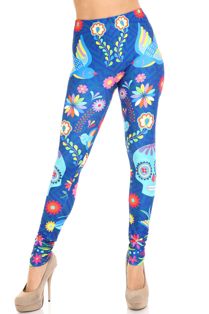 Creamy Soft Garden of Eden Sugar Skull Plus Size Leggings - USA Fashion