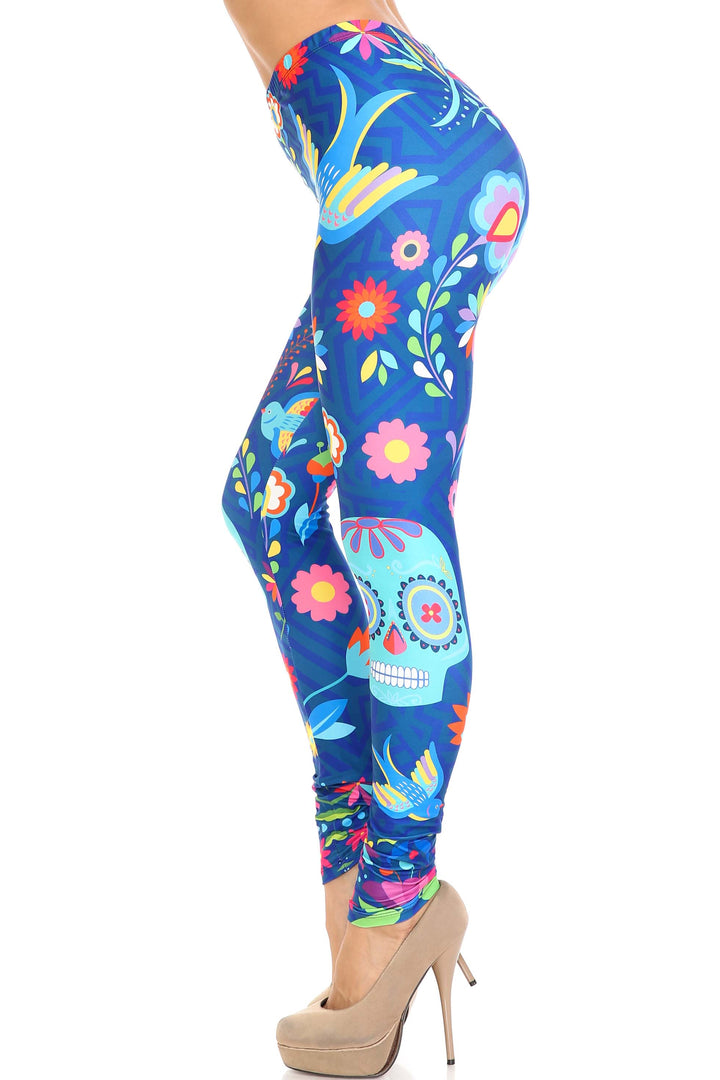 Creamy Soft Garden of Eden Sugar Skull Plus Size Leggings - USA Fashion