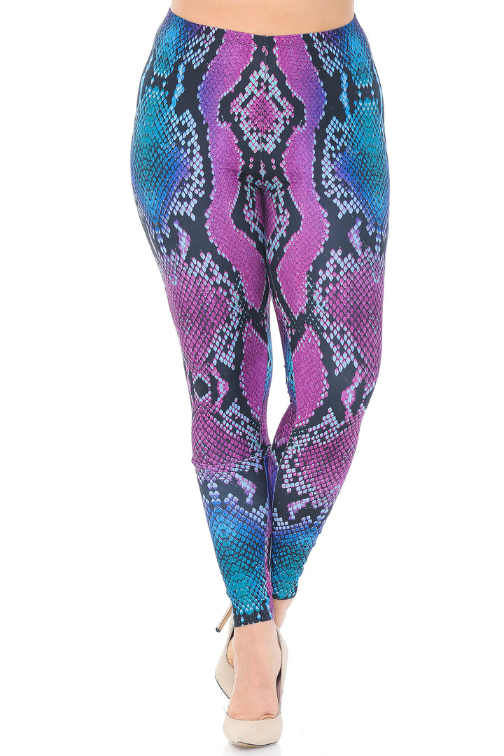 Creamy Soft Pink and Blue Snakeskin Plus Size Leggings - USA Fashion