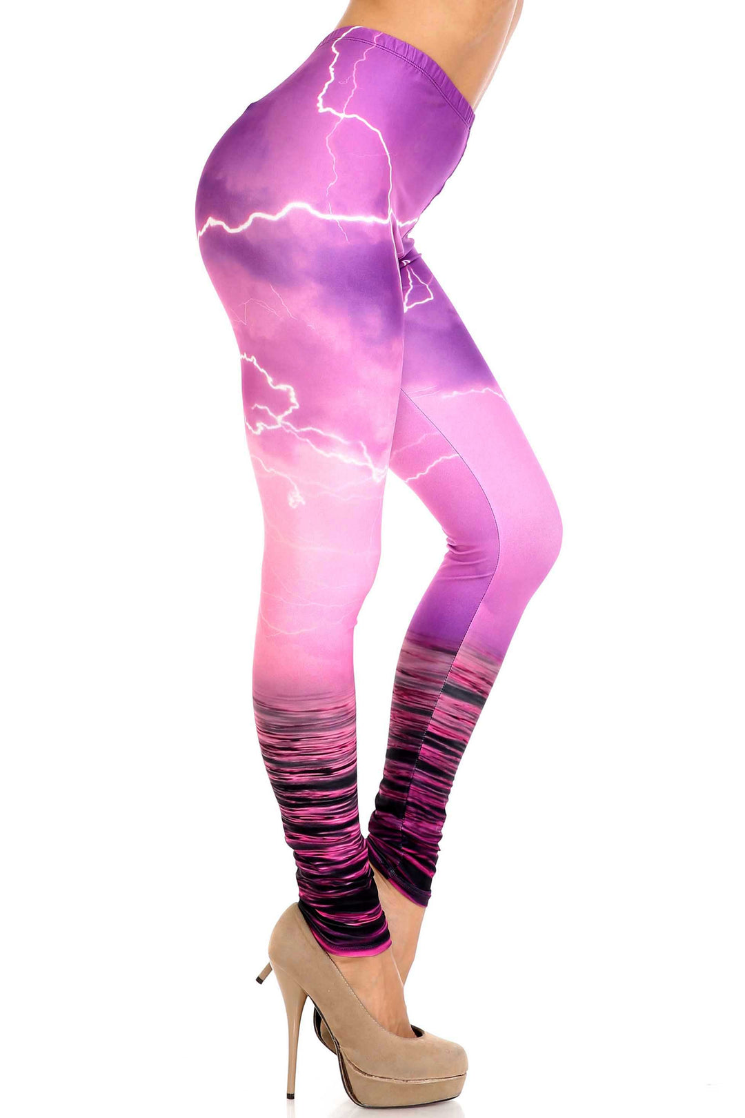 Creamy Soft Pink Lightning Storm Plus Size Leggings - USA Fashion
