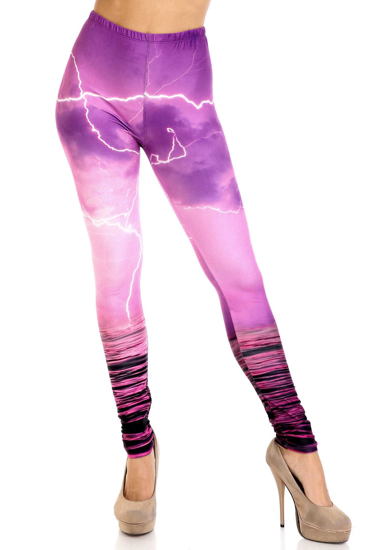 Creamy Soft Pink Lightning Storm Plus Size Leggings - USA Fashion