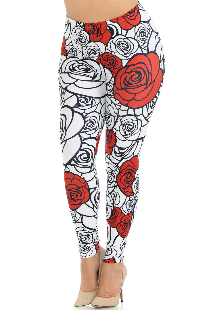 Creamy Soft Red Stencil Roses Plus Size Leggings - USA Fashion