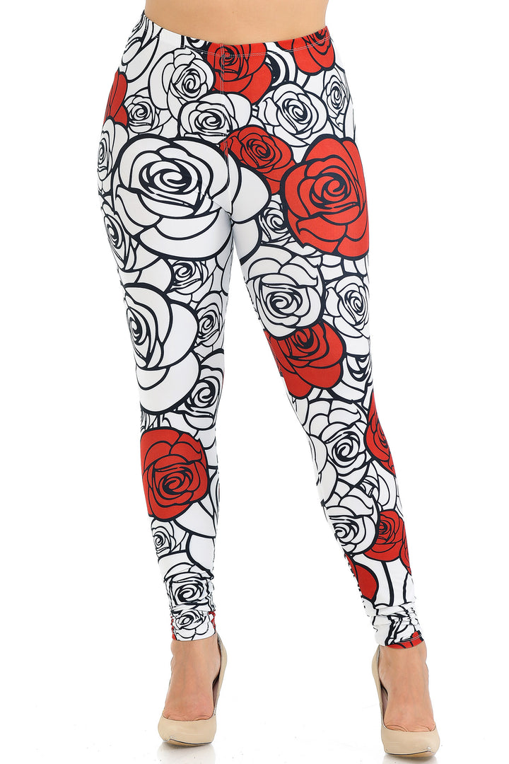 Creamy Soft Red Stencil Roses Plus Size Leggings - USA Fashion