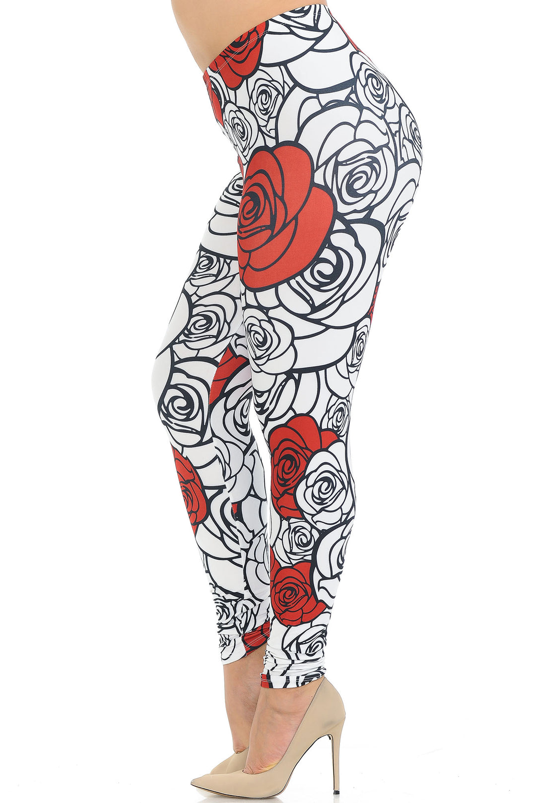 Creamy Soft Red Stencil Roses Plus Size Leggings - USA Fashion