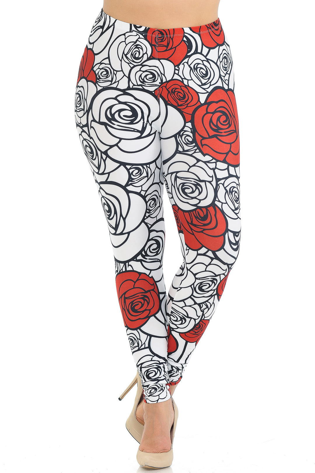 Creamy Soft Red Stencil Roses Plus Size Leggings - USA Fashion