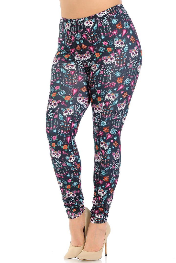 Creamy Soft Sugar Skull Kitty Cats Plus Size Leggings - USA Fashion
