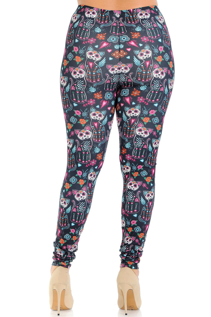 Creamy Soft Sugar Skull Kitty Cats Plus Size Leggings - USA Fashion