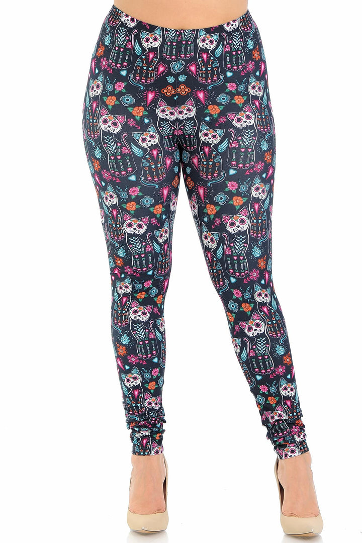 Creamy Soft Sugar Skull Kitty Cats Plus Size Leggings - USA Fashion