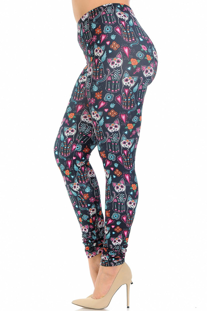Creamy Soft Sugar Skull Kitty Cats Plus Size Leggings - USA Fashion