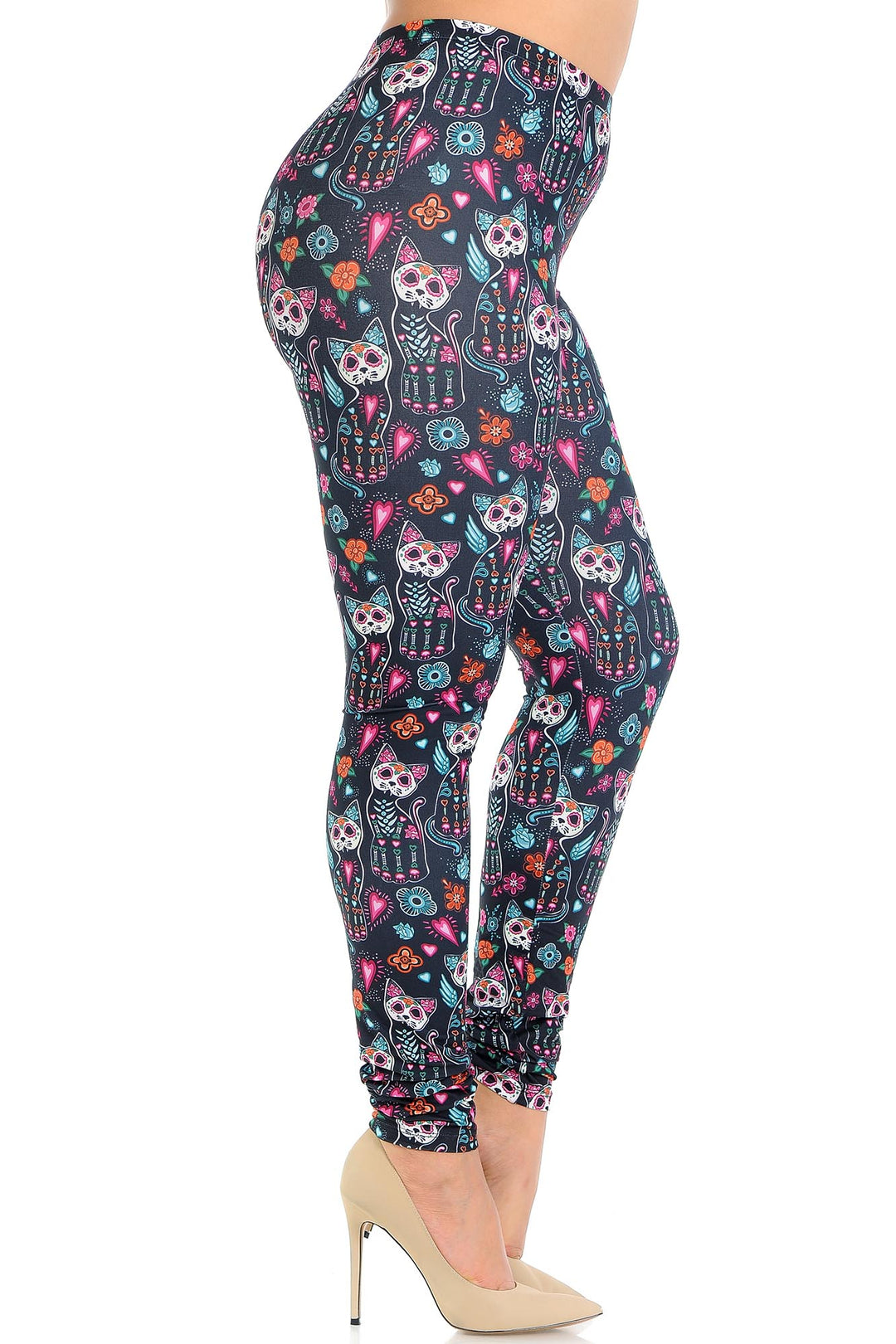 Creamy Soft Sugar Skull Kitty Cats Plus Size Leggings - USA Fashion
