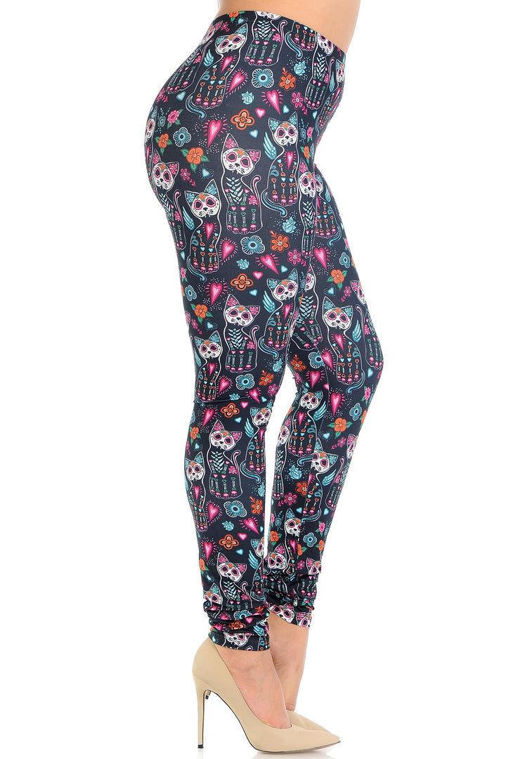 Creamy Soft Sugar Skull Kitty Cats Plus Size Leggings - USA Fashion
