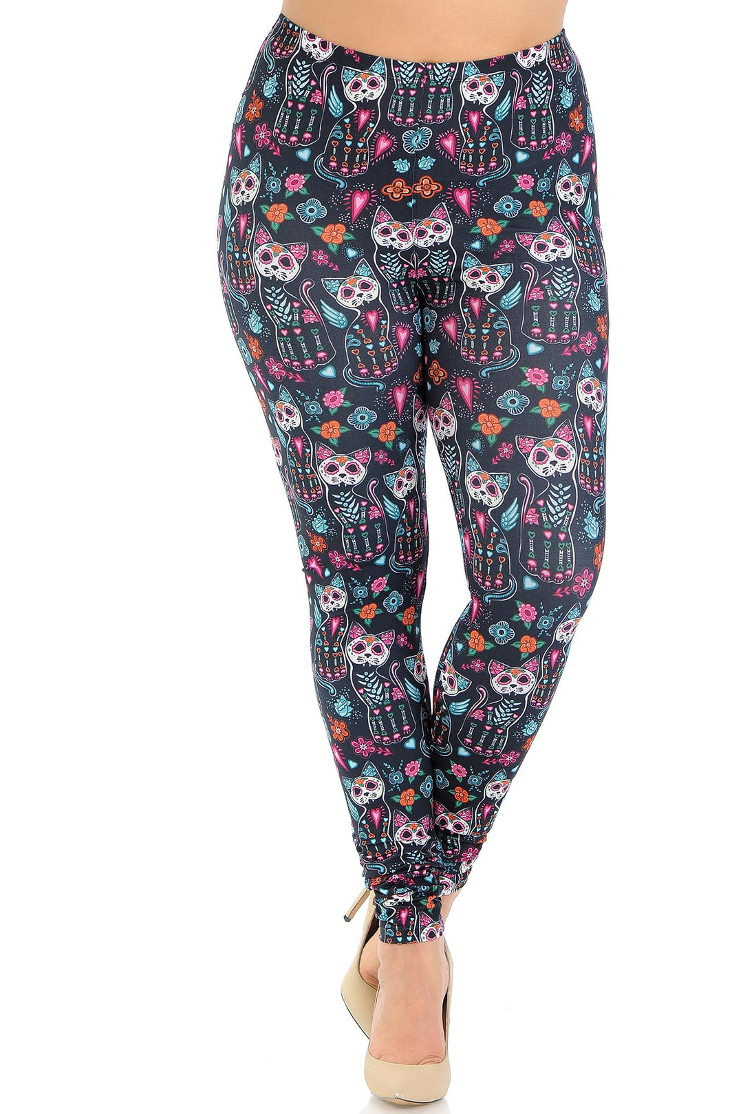 Creamy Soft Sugar Skull Kitty Cats Plus Size Leggings - USA Fashion