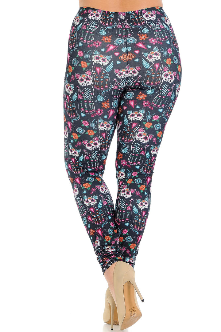 Creamy Soft Sugar Skull Kitty Cats Plus Size Leggings - USA Fashion