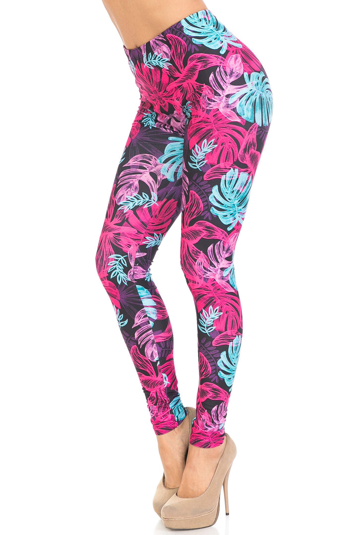 Creamy Soft Vivid Tropical Leaves Plus Size Leggings - USA Fashion