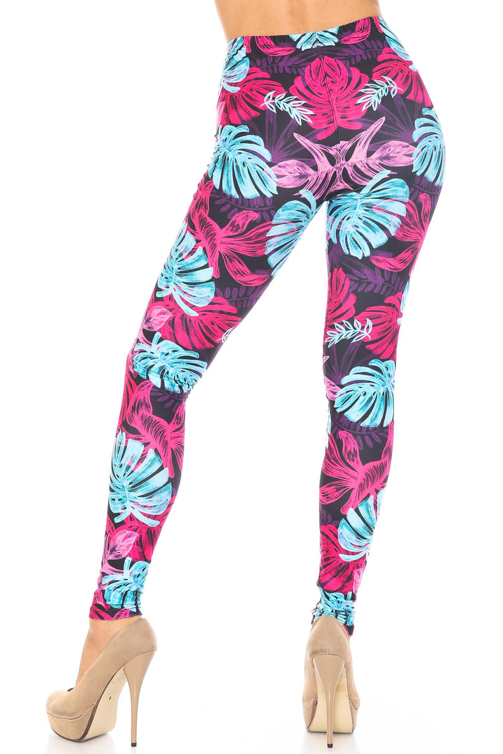 Creamy Soft Vivid Tropical Leaves Plus Size Leggings - USA Fashion