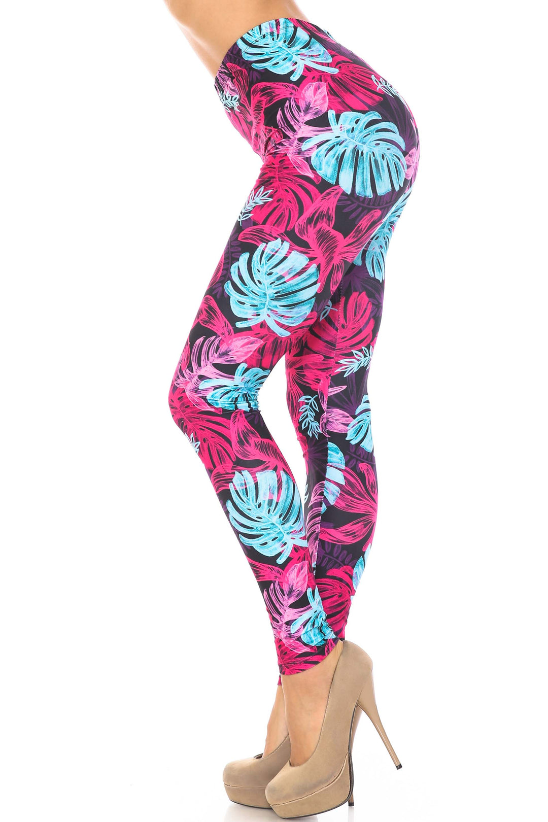Creamy Soft Vivid Tropical Leaves Plus Size Leggings - USA Fashion