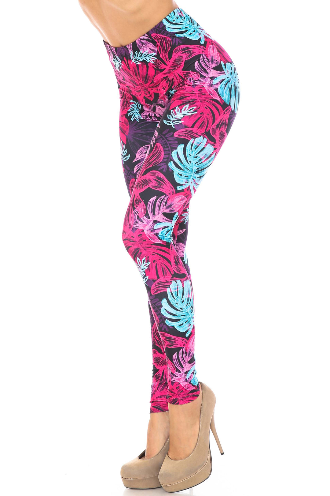 Creamy Soft Vivid Tropical Leaves Plus Size Leggings - USA Fashion