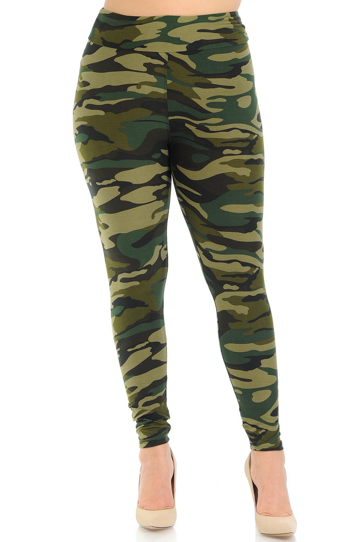 Buttery Smooth Green Camouflage High Waisted Plus Size Leggings - EEVEE