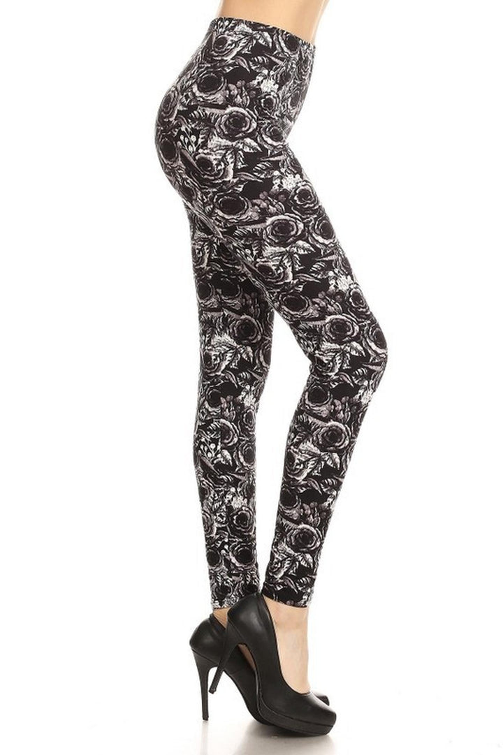 Buttery Smooth Black and White Rose Floral Leggings