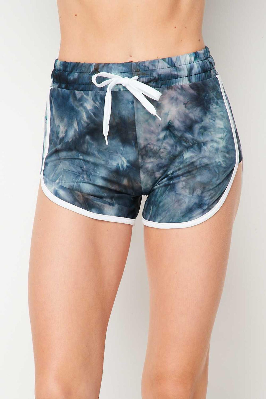 Buttery Soft Navy Tie Dye Side Striped Drawstring Waist Dolphin Shorts