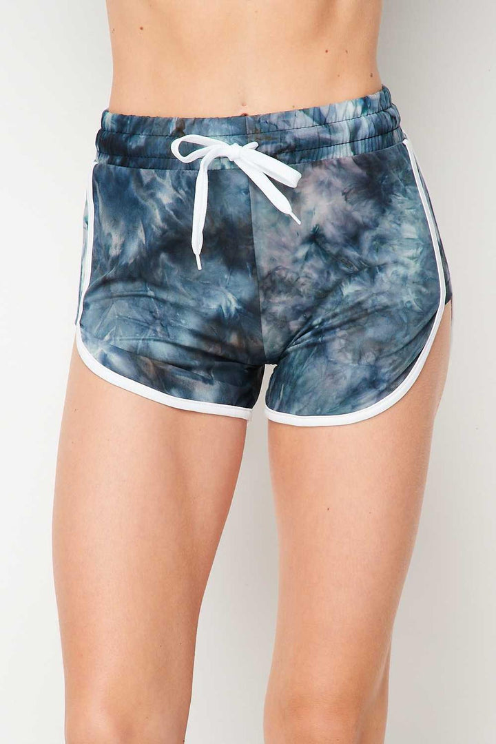 Buttery Soft Navy Tie Dye Side Striped Drawstring Waist Dolphin Shorts