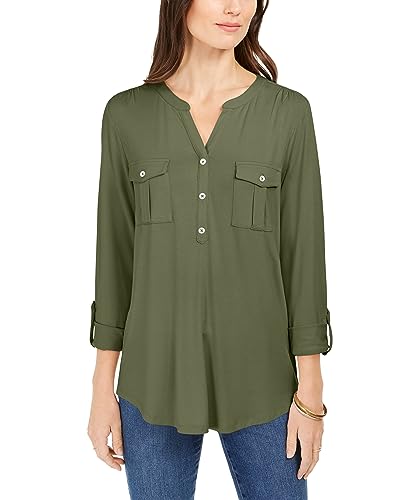 Style & Co Plus Size Roll Tab Buttoned Neck Top