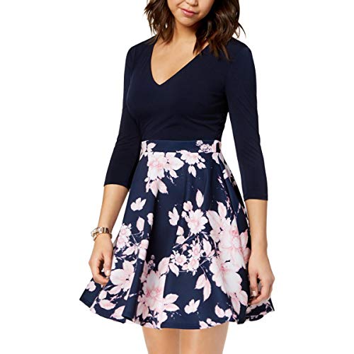 slim fit dress slacks City Triangles Womens Juniors Floral Print Fit & Flare Mini Dress Navy 7