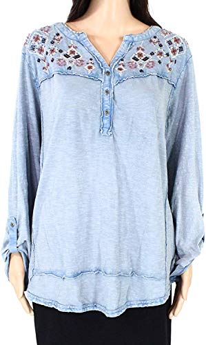 Style & Co Plus Size Cotton Embroidered Split Neck Top