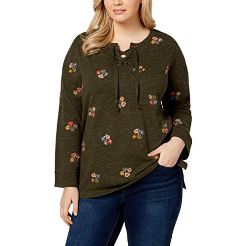 Style & Co Plus Size Embroidered Lace Up Top