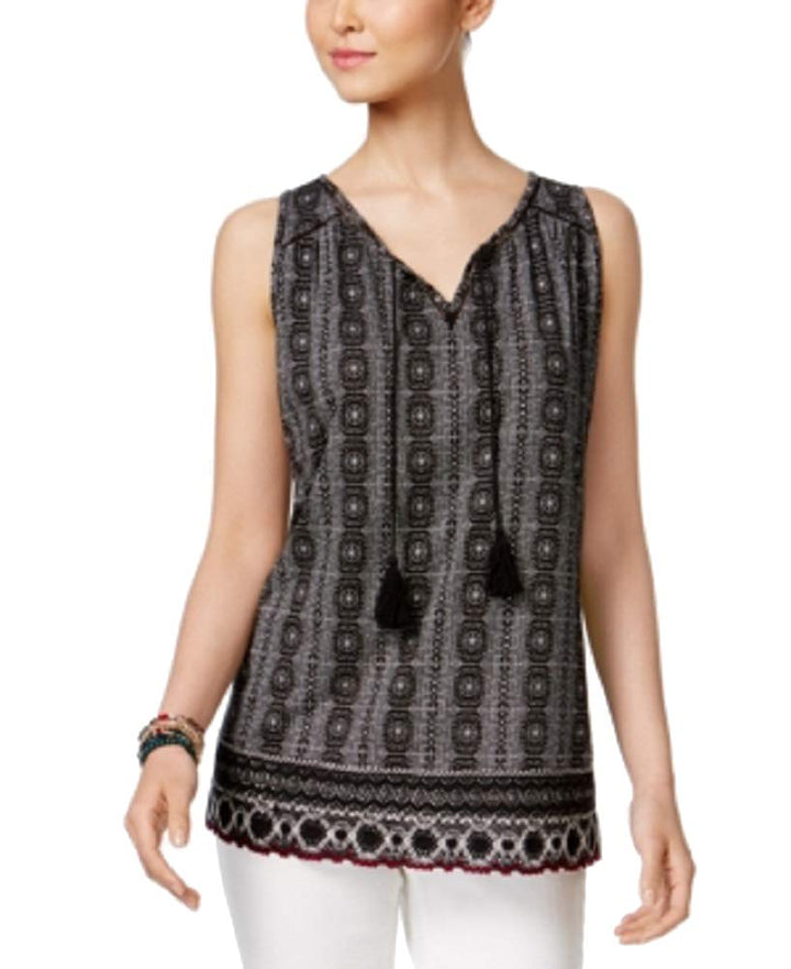 Style & Co Printed Crochet Trim Top
