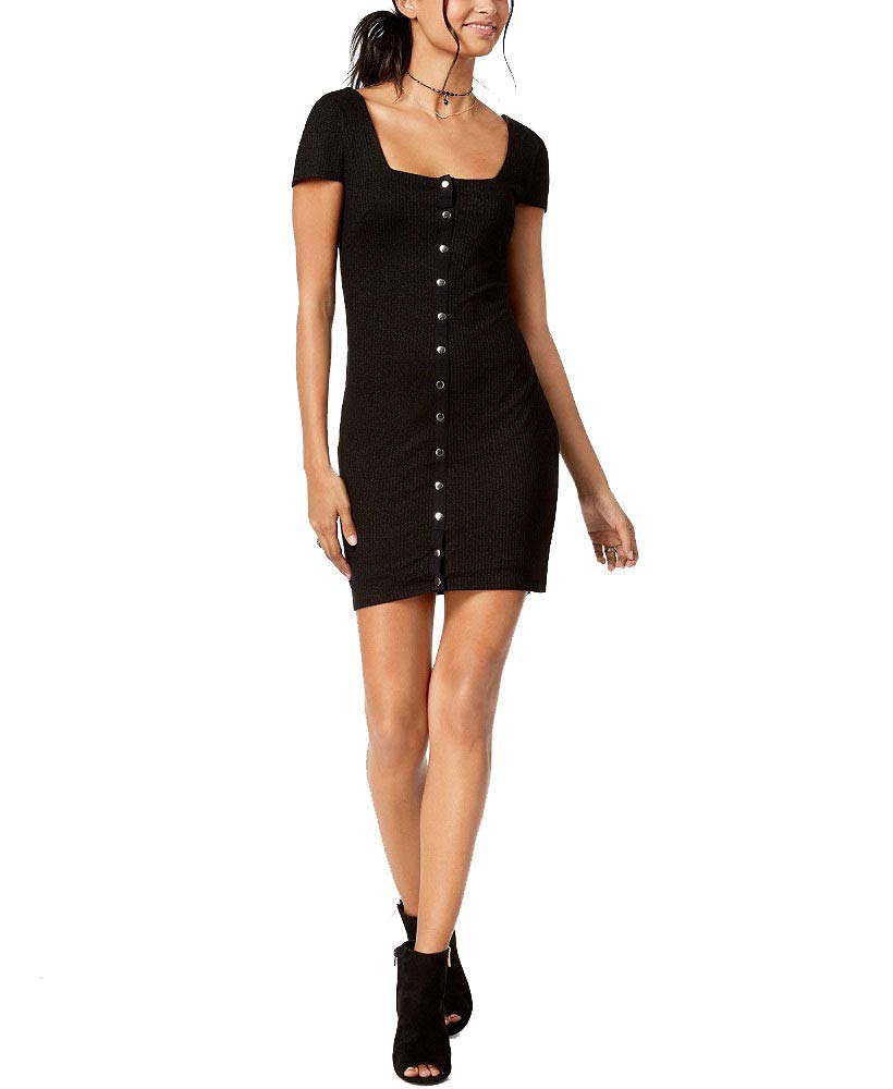 Material Girl Juniors' Metallic-Detailed Rib-Knit Bodycon Dress (Caviar Black, M)