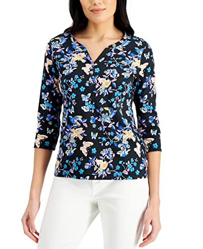 Karen Scott Petite Printed 3/4 Sleeve Henley Top