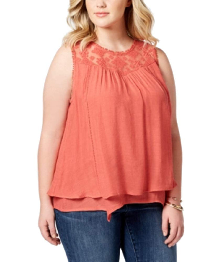 Style & Co Plus Size Lace Yoke Crochet Trim Tiered Top