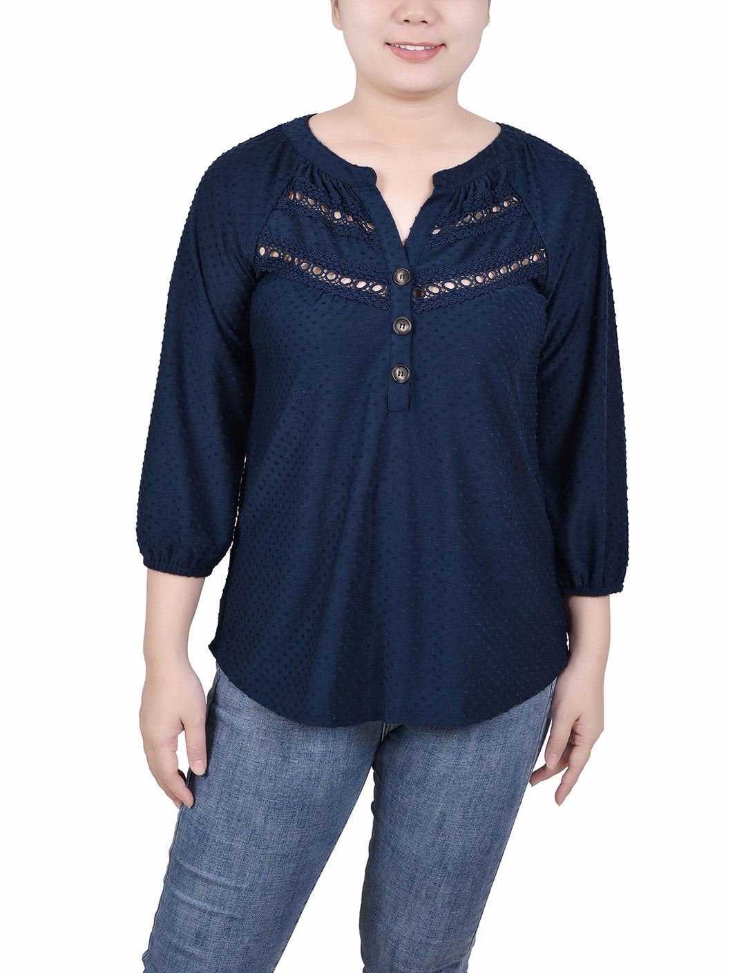 Petite 3/4 Sleeve Swiss Dot Henley Top