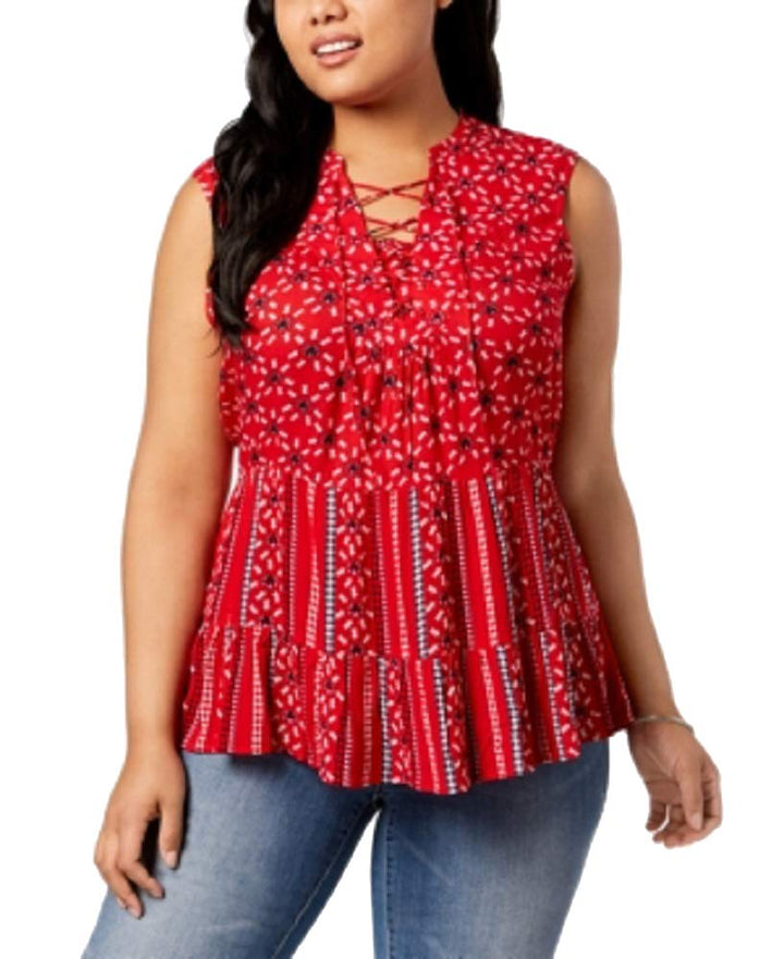 Style & Co Plus Size Printed Lace Up Sleeveless Peasant Top