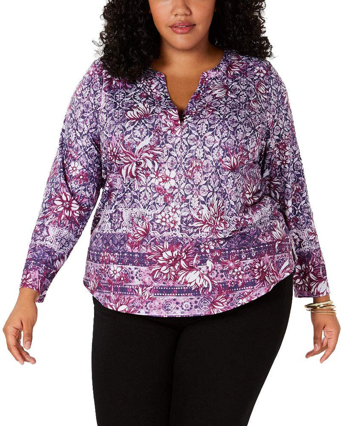 Style & Co Plus Size Printed Split Neck Top