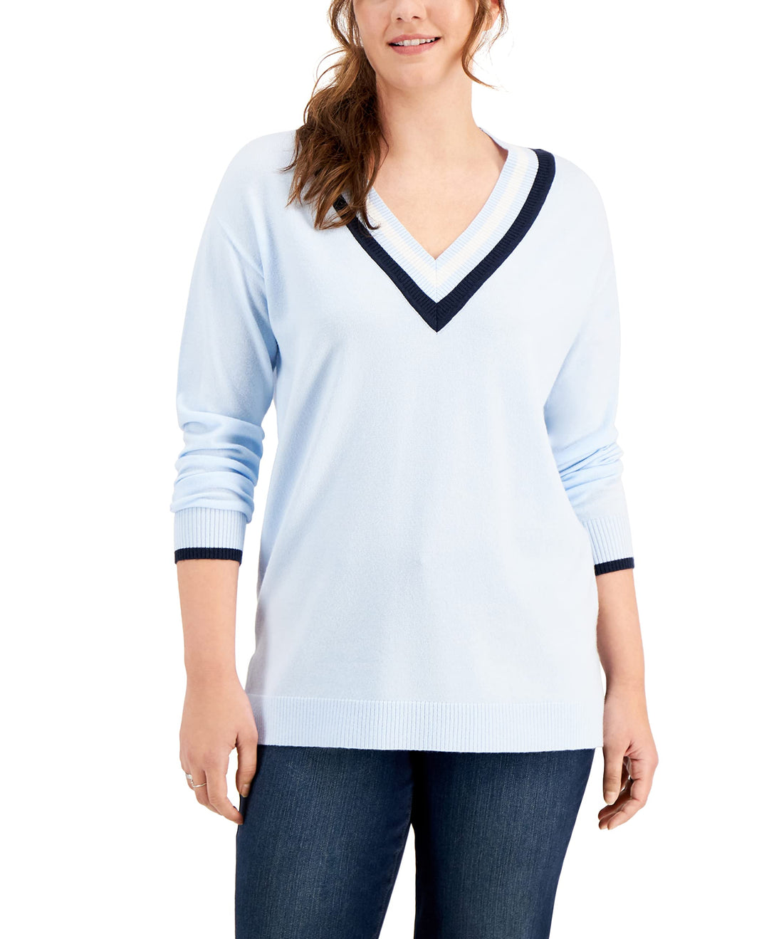 Style & Co V Neck Striped Trim Sweater