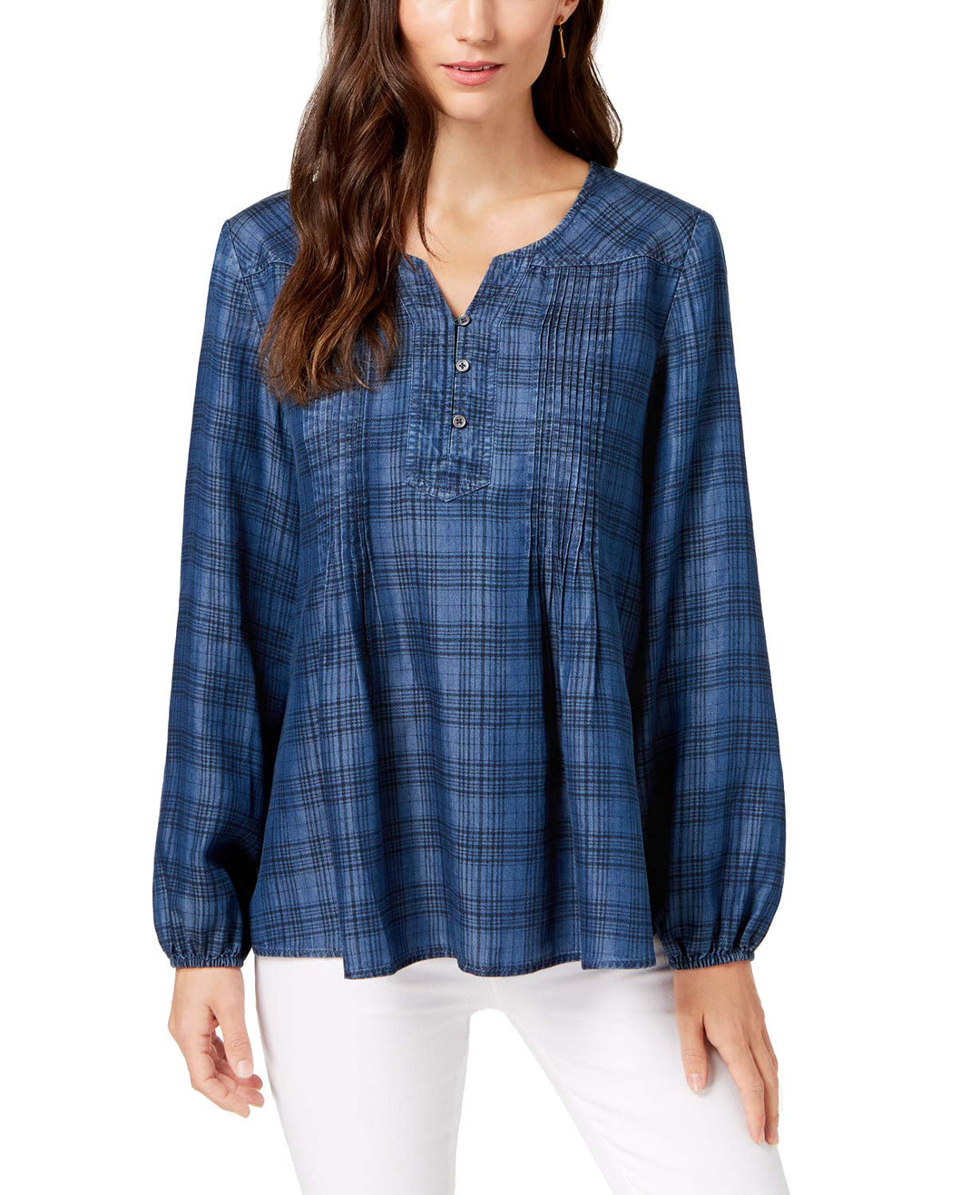 Style & Co Plaid Pintucked Peasant Top