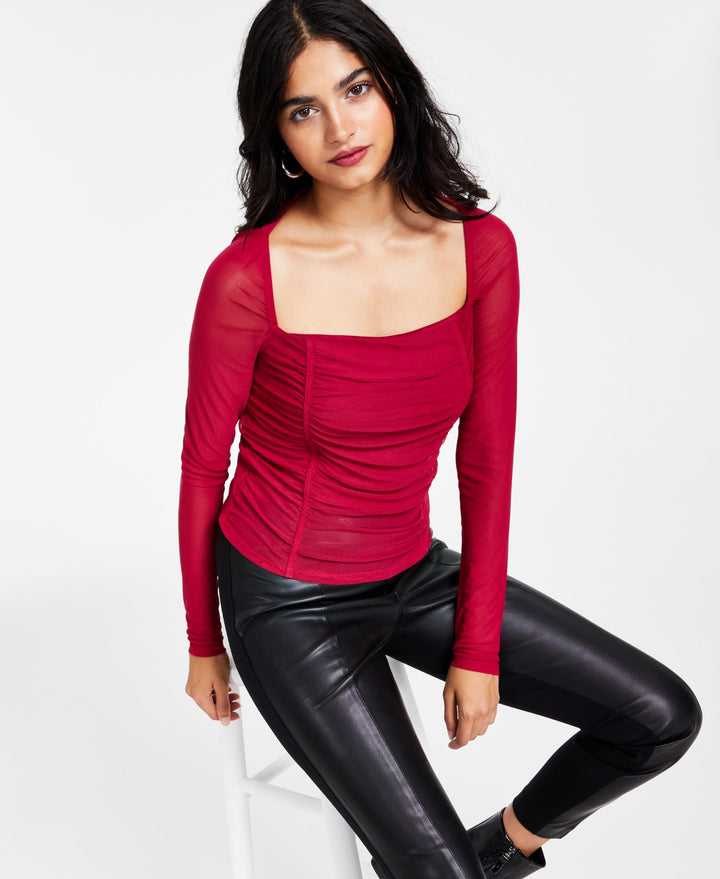 Bar III Womens Square Neck Ruched Mesh Top