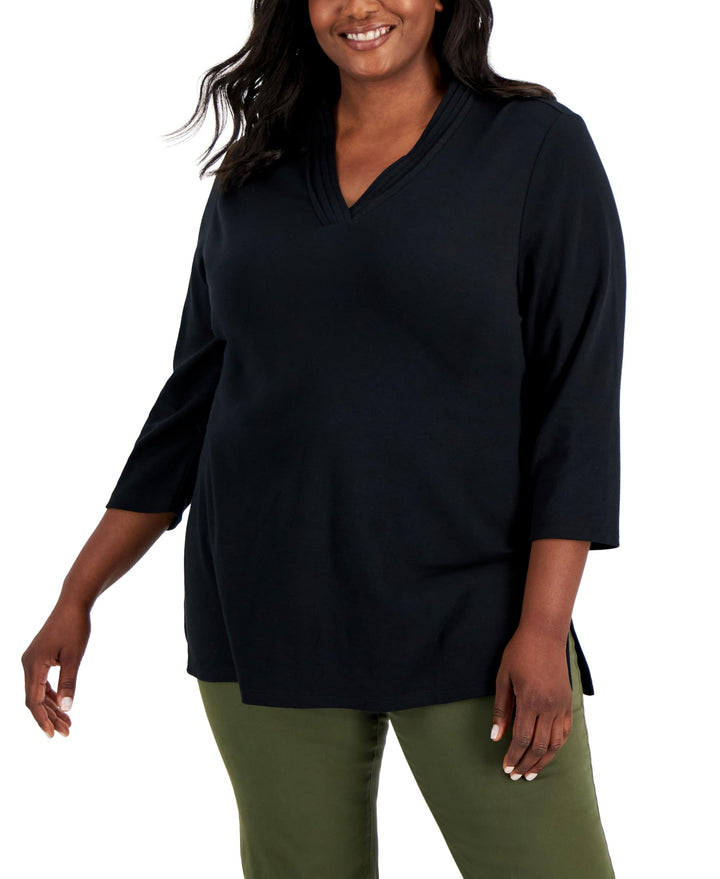Karen Scott Plus Size Cotton Pleated Neck 3/4 Sleeve Tunic