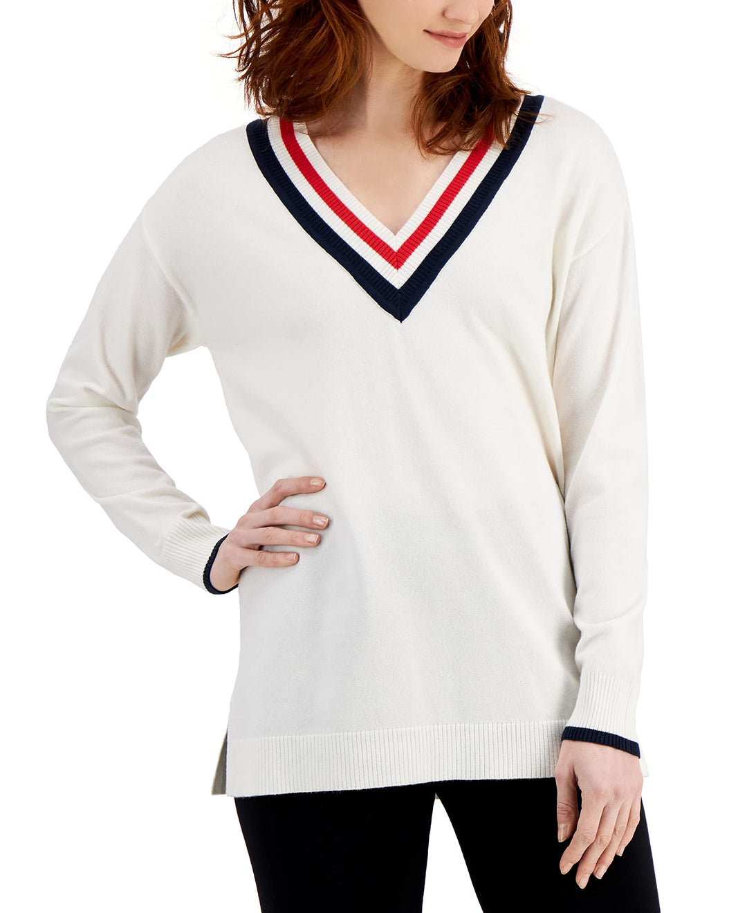 Style & Co V Neck Striped Trim Sweater