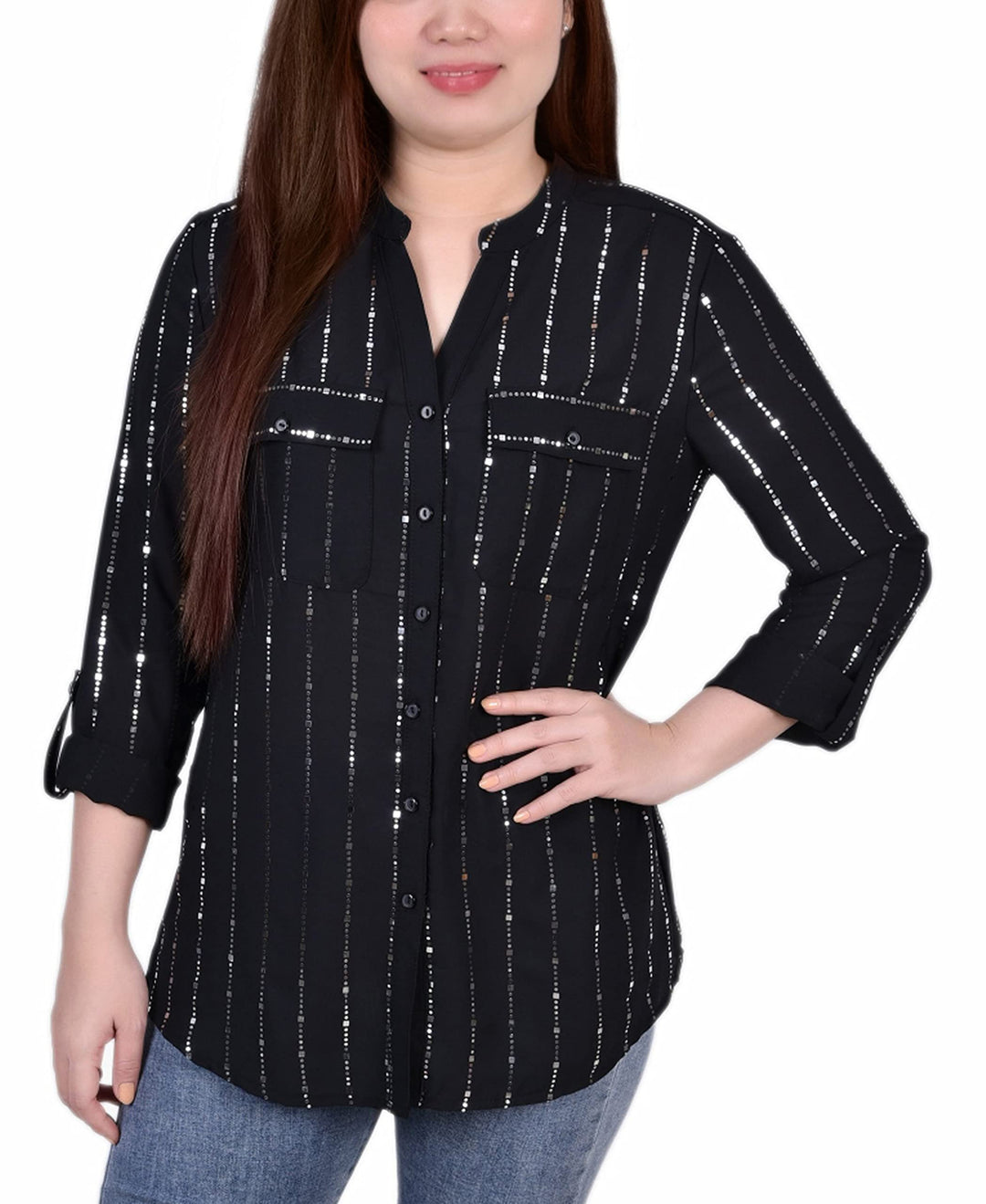 Petite Size 3/4 Sleeve Roll Tab Blouse With Metallic Details Top