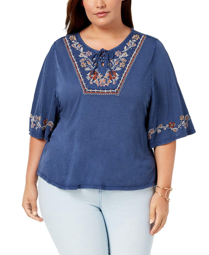 Style & Co Plus Size Cotton Acid Wash Lantern Sleeve Top