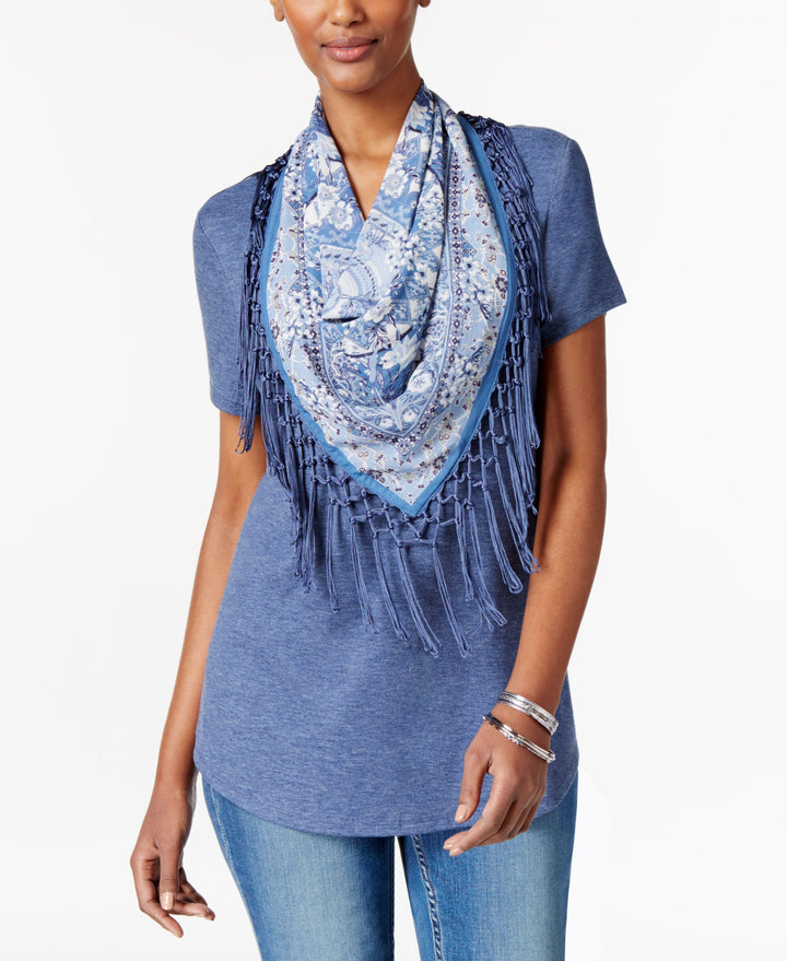 Style & Co Petite T-Shirt With Printed Fringe Scarf